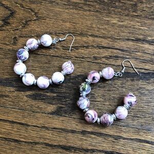 Handmade Metallic Shiny Marble Bead Silver Medium Hoop Earrings